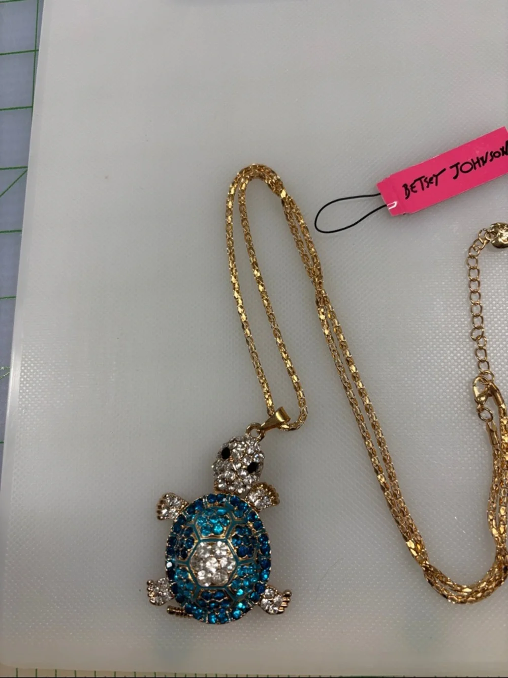 Betsey Johnson Gold-Tone Blue and Clear Crystal Turtle Pendant Necklace - Picture 3 of 7